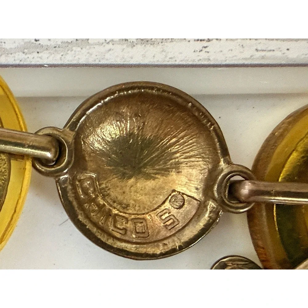 Chicos Metal Yellow Lucite Bronze Medallion‎ Chain Adjustable Belt Necklace 34